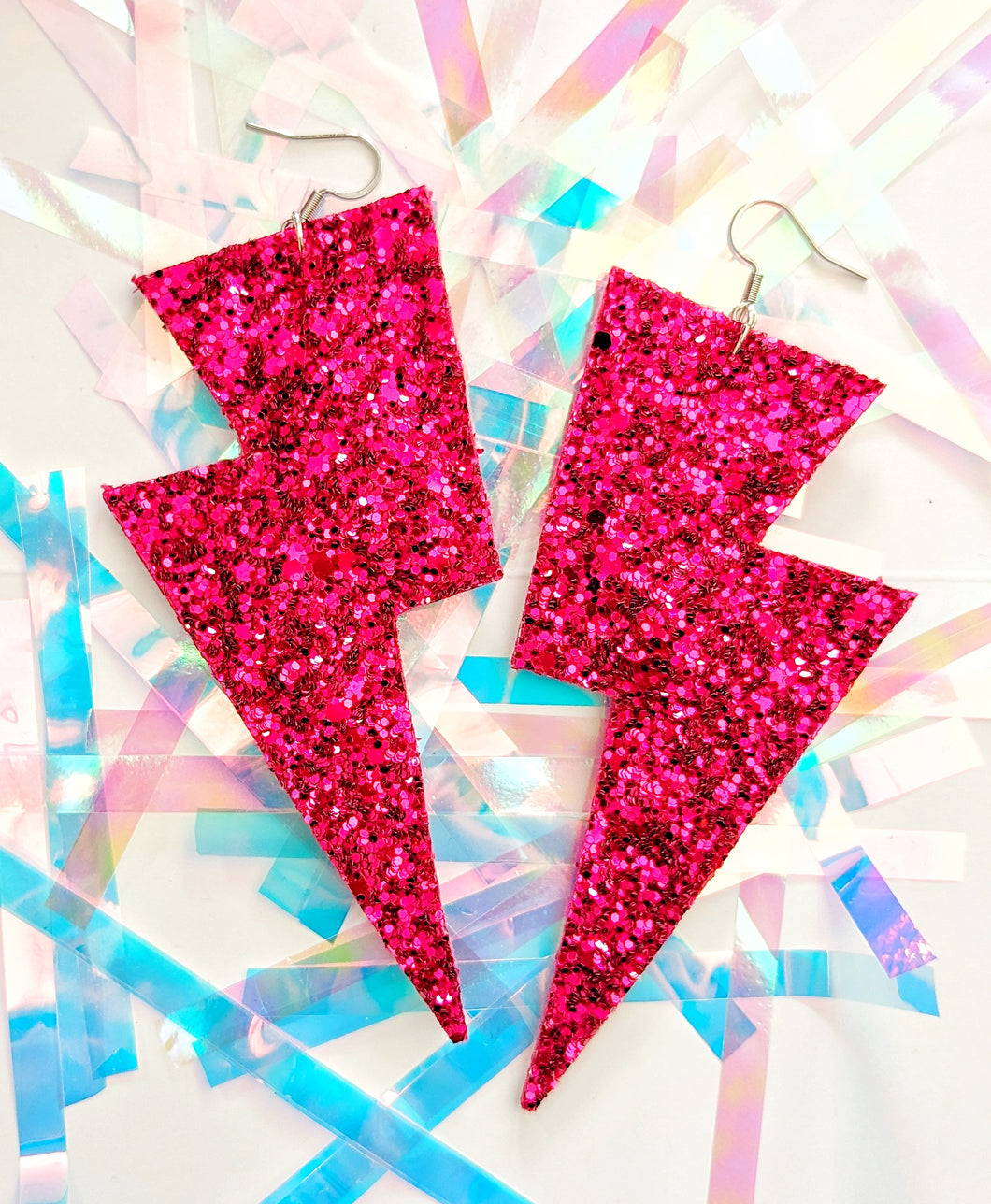 Magenta Glitter - Super Disco Bolt Lightning Bolt Earrings