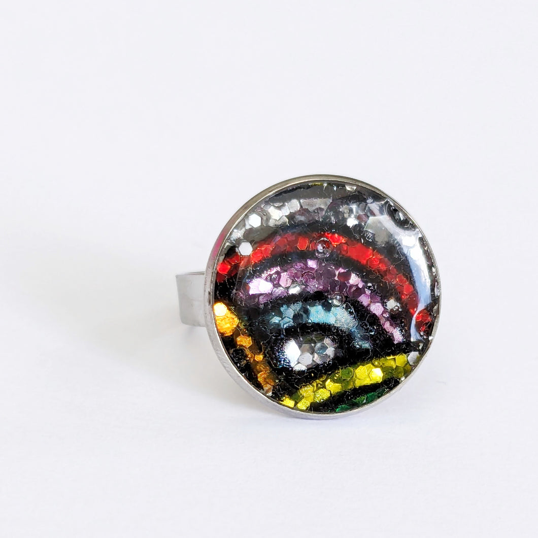 Statement Glitter Disc Ring - Rainbow Pattern Glitter