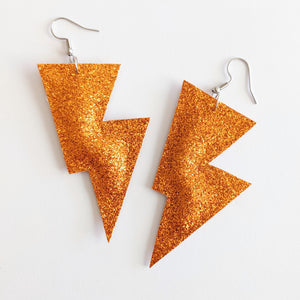 Orange Fine Glitter Disco Bolt Lightning Bolt Earrings