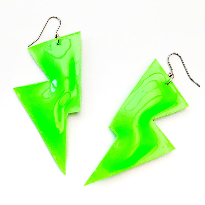 Neon Green Patent Leatherette - Disco Bolt Lightning Bolt Earrings