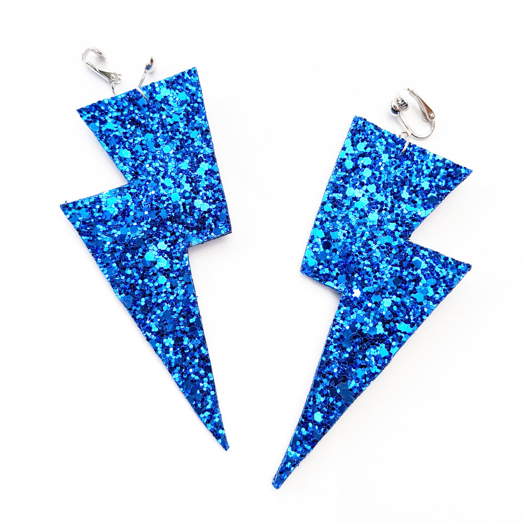 Sapphire Blue Glitter - Super Disco Bolt Oversized Lightning Bolt Earrings