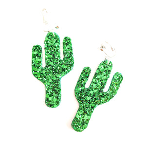 Emerald Green Glitter - Cacti Botanical Earrings