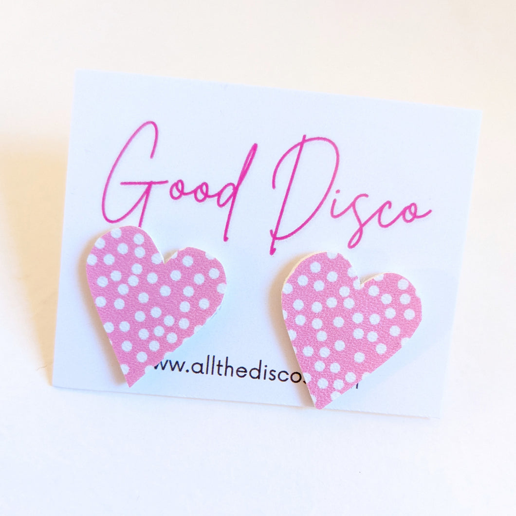 Good Disco Collection - Heart Stud Earrings - Pink and White Spot Matte Leatherette