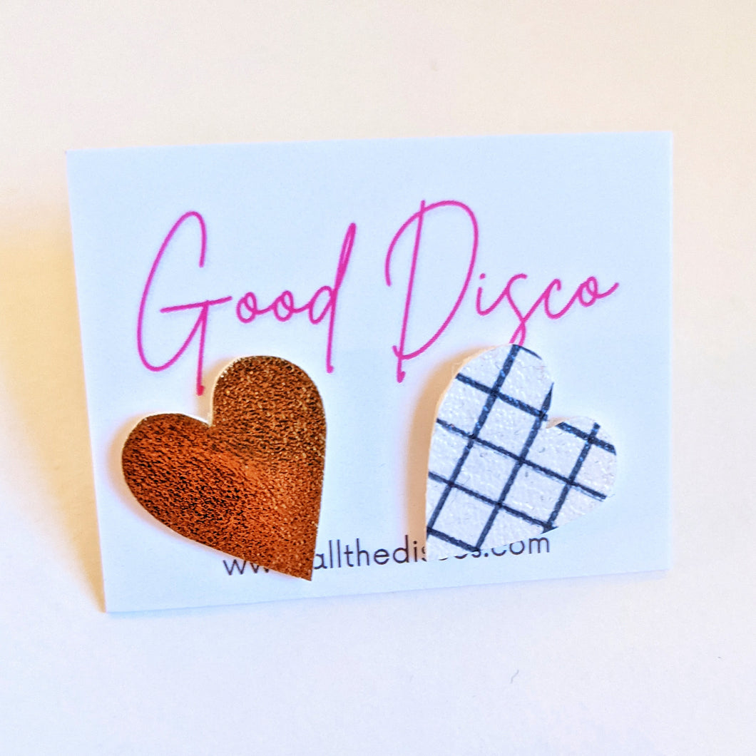 Good Disco Collection - Heart Stud Earrings - Gold and Grid