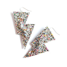 Load image into Gallery viewer, Crushed Pearl Silver Glitter Disco Bolt Lightning Bolt Earrings
